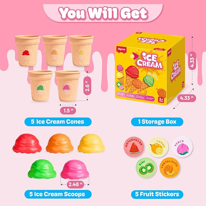 JoyCat Ice Cream Sorting and Stacking Pretend Play Toy Set, 5 Cones | Stack scoops, match colors and serve pretend ice cream while practicing counting and fine motor play