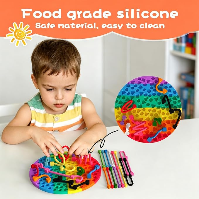 Sensory Activity Board, Silicone Fidget Toys for Calming and Stress | Autism Quiet for Adults, Toddler Sensory Toys for ADHD, Road Trip Essentials for Kids, Portable Travel Bag & 12 Strings