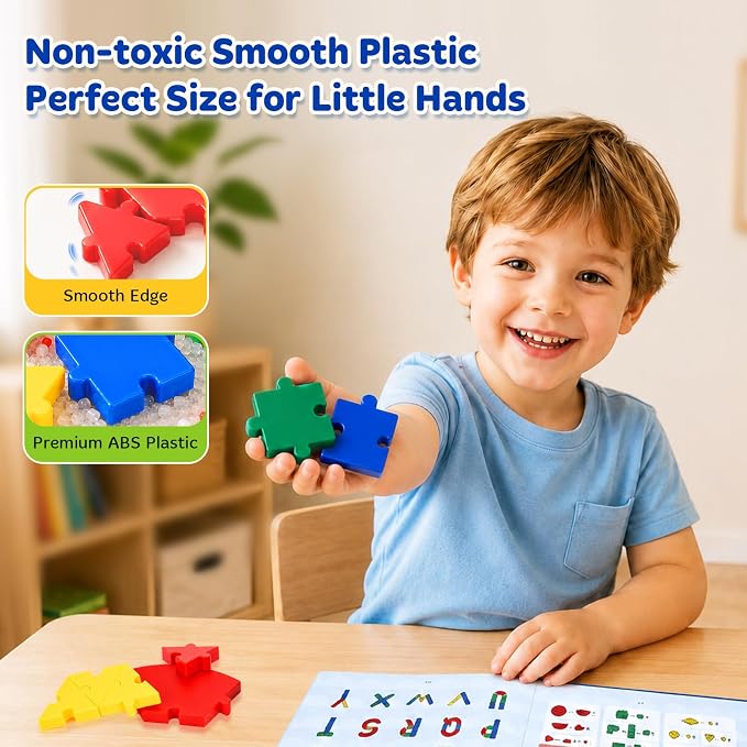 PRE-WORLD Pattern Blocks, 30 Pcs Interlocking Geometric Puzzle Kids 3+,IQ Puzzle Book, 101 Patterns, Non-Toxic Plastic, Math & Geometry Learning, Portable Storage for Home, Travel, Classroom