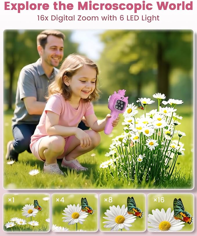 Outdoor Portable Kids Microscope: Handheld Microscope Auto Focus | Pocket 1000x Hand Held Microscope, Magnifying Camera for Travel, 3.5H Rechargeable Battery 6 LEDs, Anytime Exploration