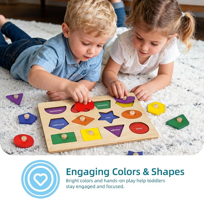 Wooden Shape Peg Puzzle Board, Educational Geometric Learning Board with Knobs, Multicolor Basic Shapes