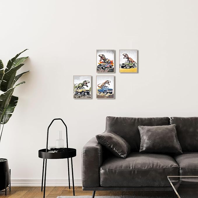 Dinosaur Wall Art Funny Dinosaur Room Poster 8x10 Inch | Vintage Car Pictures Cool Dino Prints Nursery Bathroom Artwork 4Pcs