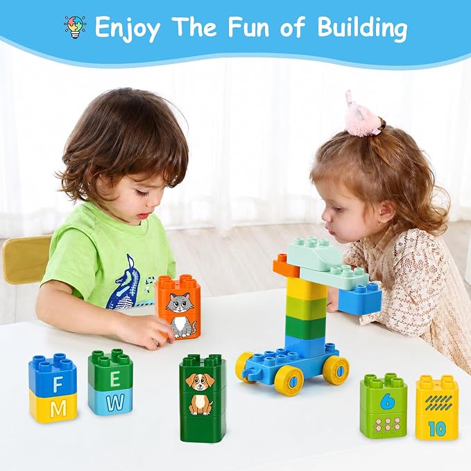 MOONTOY 49PCS Large Building Blocks for Toddlers 3-5, Alphabet Blocks Truck | Learn ABC & Numbers, Counting, Animal Matching, Educational Toys with Storage Bag, Preschool Birthday Gift for Kids 3+ Years
