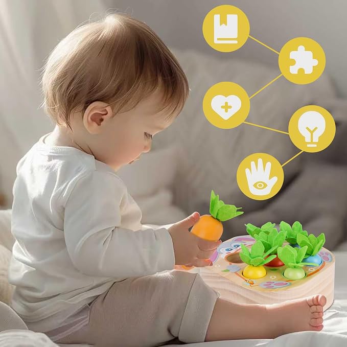 Montessori Toys for 2 3 Year Old Toddlers | Wooden Carrot Harvest Game | Shape Sorting Matching Toys for 18+ Months Baby Boys and Girls, 2st Birthday Easter Gifts for Babies 2 3 (Macron)