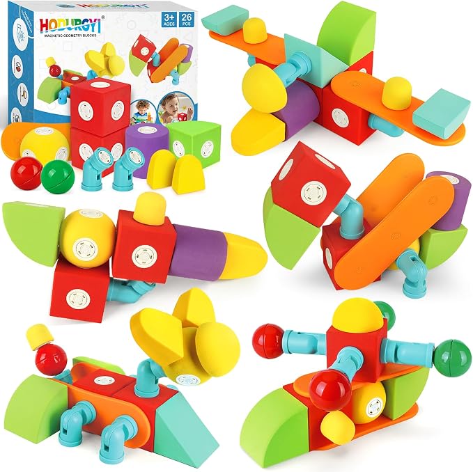 Hodurgyi 26 PCS Magnetic Foam Blocks, STEM Preschool Toys for Children, Magnetic Building Blocks for Toddlers, Kids Bath Toys and Montessori Sensory Toys, Birthday for Boys & Girls Age 3 4 5 6+