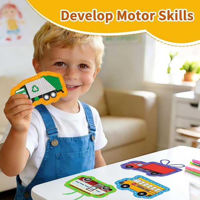 Vehicle Lacing Cards, Sewing Kit for Kids,Fine Motor Skills Toys | 9PCS Double Side Toddler Crafts for Shoe Tying Practice,Manipulatives for Preschool Learning Activity,Classroom Must Haves