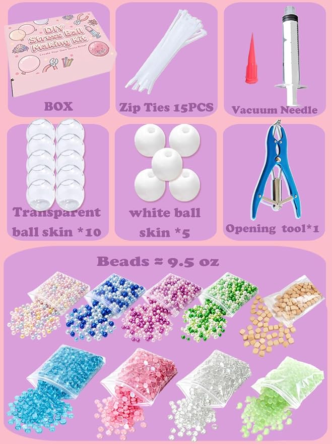 DIY Stress Ball Making Set for Adults, Squishy Make Set with 15 TPR Ball Skins, 9 Types of Fillers, Air Pump, Vacuum Tool, Plugs & Cable Ties, Make Your Squishies for ASMR Anxiety Relief Sensory