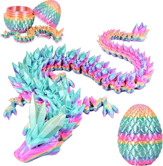 12" 3D Printed Dragon Eggs with Dragon, Articulated 3D Fidget Toys for Kids | Crystal 3D Dragon Toys for Boys Girls, Small 3d Printed Animals, Dino Dinosaur Eggs Toys, Easter Basket Stuffers（Rainbow）