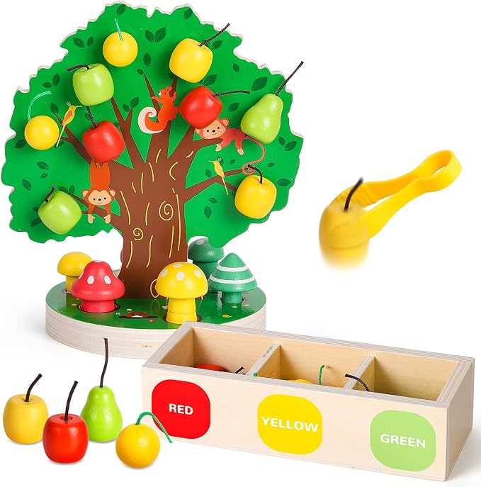 Apple Picking Magnetic Tree Toy, Montessori Toy for Toddler Age 3-6 | Develops Fine Motor Skills, Color Sorting & Matching Game, Wooden Sensory Play, Educational Fall Autumn Learning Gift for Kid