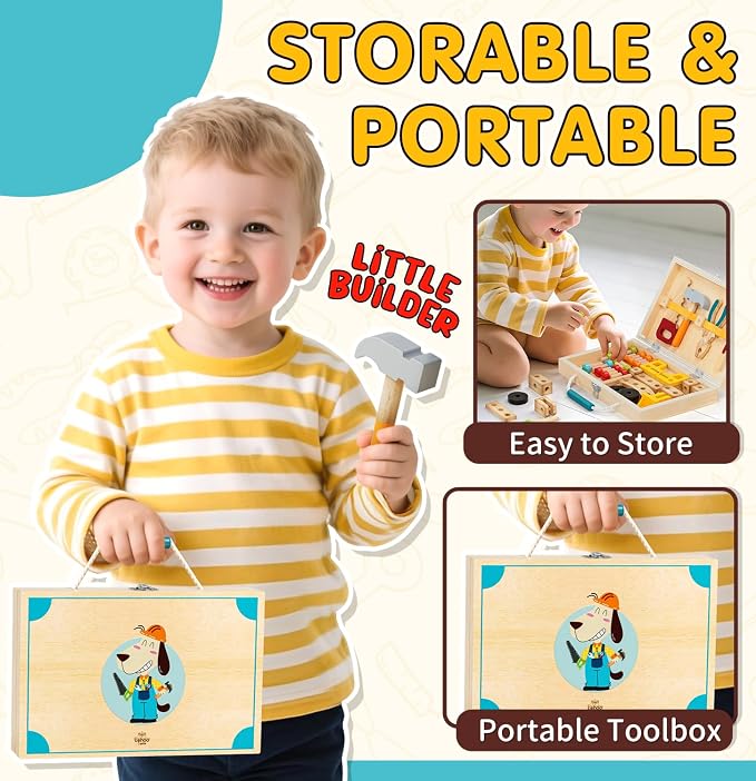 Lehoo Castle Kids Tool Set, Wooden Montessori Toys for 3 4 5 Years Old Boy | Portable Tool Box for Pretend Play, Construction Learning Play Tools 49PCS, STEM Toys for Preschooler