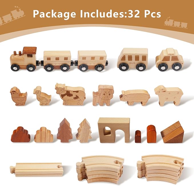 32PCS Wooden Train Set for Toddlers, 10.6 by 8.66 Inch Compact Size Double-Side Tracks Expandable Montessori Toys Compatible with Educational Fine Motor Skills Toy for 3 Year Old Boys Girls