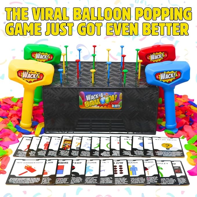Wack A Balloon Party Edition Pop Game for Kids & Adults, Family Fun | 400 balloons, 200 nails, 4 hammers, 28 challenge cards, spinner, inflator, reusable ties, ages 4+