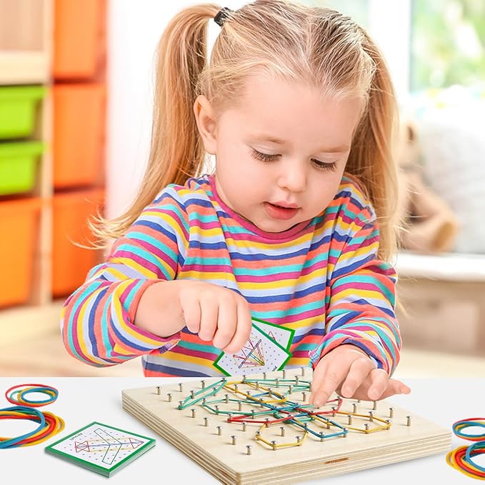 Wooden Geoboard, Montessori STEM Toy with Pattern Blocks for Kids Ages 3+ | Rubber Bands & Pattern Cards, Fine Motor Math Learning Geo Board, Classroom Home STEM Activity, Brain Teaser Educational Gift
