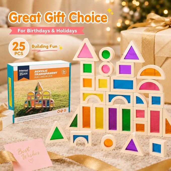 Rainbow Acrylic Blocks, 25 PCS Translucent Light Table Building Set | Montessori Sensory Toys Translucent Colorful Stacking Blocks STEM Learning Educational Toys for Toddlers Preschool Boys Girls