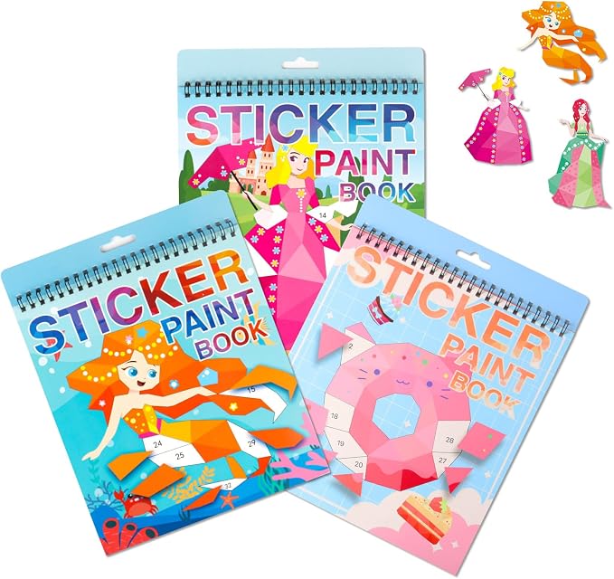 Crafts for Kids Ages 4-8 Stickers Paint Books Mermaid Princess and Desserts Sticker by Number Book for Kids Girls Boys Ages 4 5 6 7 8 9 10 Birthday Party Favors Gifts Car Plane Travel Activity Books