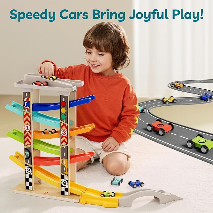 TOP BRIGHT Wooden Car Ramp with 6 Cars, Montessori Toy for Ages 1-3 | 6-Lane Ramp With Garage & Bridges, Includes 6 Mini Cars for Racing, Montessori Toy for Boys & Girls