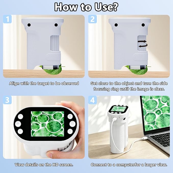 Kids Digital Microscope, 1000X Handheld Pocket Microscope STEM Science Toy | 2.0" IPS Screen, 8 LED Lights, Photo & Video Capture, Rechargeable Design, Educational STEM Gift for Kids Ages 3-12