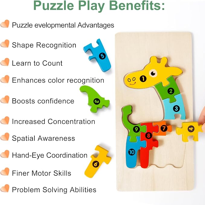 9 Pack Wooden Puzzles for Kids Ages 3-5, Montessori Animal Puzzles | 90 Pieces, CPC certified, with Numbers 1-10, Chunky Jigsaw Puzzles in Gift Box, Educational Learning Toys, Boys Girls Gift