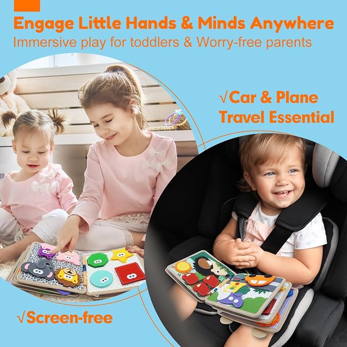Busy Book for Toddlers 1-3, Felt Animals Busy Board for 1 Year Old | Montessori Toys, Peekaboo Quiet Book, Airplane Travel Toys, Educational Learning Activity, Birthday Gifts for Boys & Girls