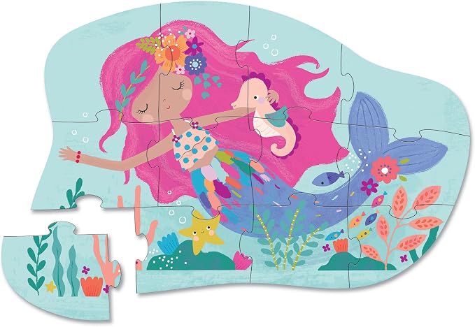Crocodile Creek 12-Piece Mini Jigsaw Puzzle - Fun Floor Puzzles for Kids Ages 2-4 and Up - Heavy-Duty Shaped Box for Storage - Mermaid Dreams - 12" x 9" Finished