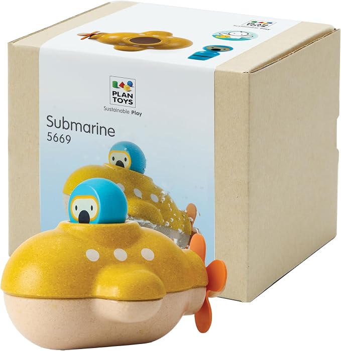 PlanToys® Submarine Wooden Baby Bath Toy for Toddlers, Waterproof Pool Toy | wooden submarine, waterproof bath pool toy, montessori fine motor imagination, non-toxic water play, 18+ months, toddlers kid