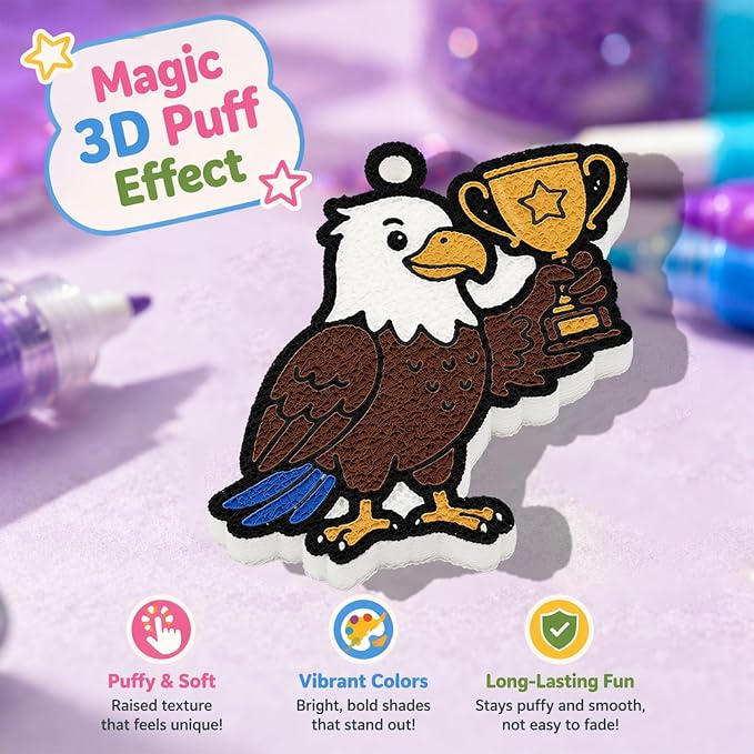 MWOMGLP Magic Foam Texture Painting Kit, 16 Pack DIY Puffy Foam Art Craft Set for Kids, 3D Sensory Painting Paper with Colorful Foam Sheets, Creative Gift for Boys Girls Ages 3+(Animal Football)