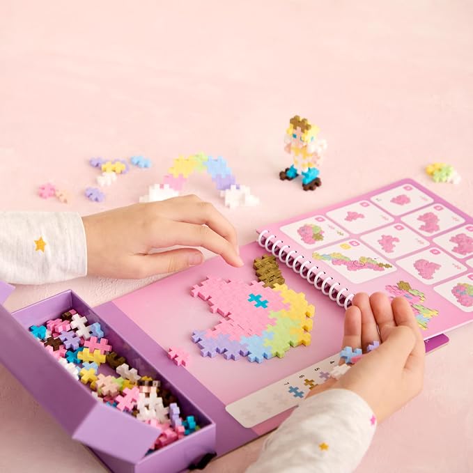 Plus Plus Puzzle By Number Activity Pad, Fairytale - Mini Building Blocks | Roadtrip Essentials for Kids, Interlocking Waffle Blocks, Stem Toy, Airplane Activities for Kids, Kid Car Ride Must Haves