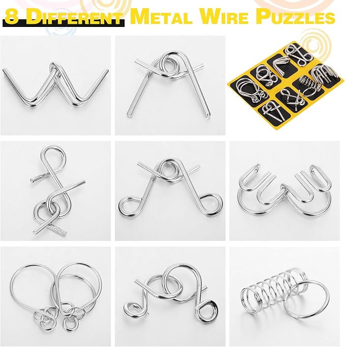 8 Pack Brain Teaser Puzzles Metal Wire Ring with Pouch,A Style | Iq Test Disentanglement Unlock Challenge, Portable Storage Pouch, Mind-bending Interlock Game for Party Favor Entertainment