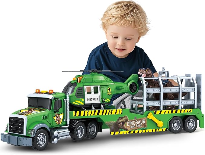 Bstoyder Toddler Boy Toys for 3 4 5 6 7 Years Kids, 21" Semi Flatbed Truck Toy with a Dinosaure Truck, Friction Powered Vehicles Toys with Lights and Sounds, Birthday for Boy Girls