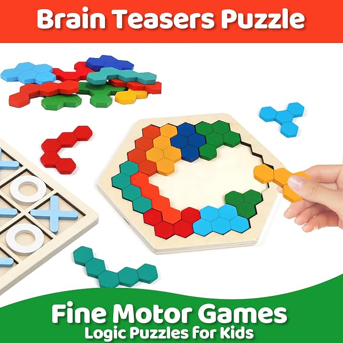 Wooden Puzzles Blocks Brain Teasers Logic Games for Classroom & Party Times,Jigsaw Puzzle Intelligence STEM Montessori Educatioanl IQ Toys Games for Kids Boys Girls Ages 3+ (2 Pack)