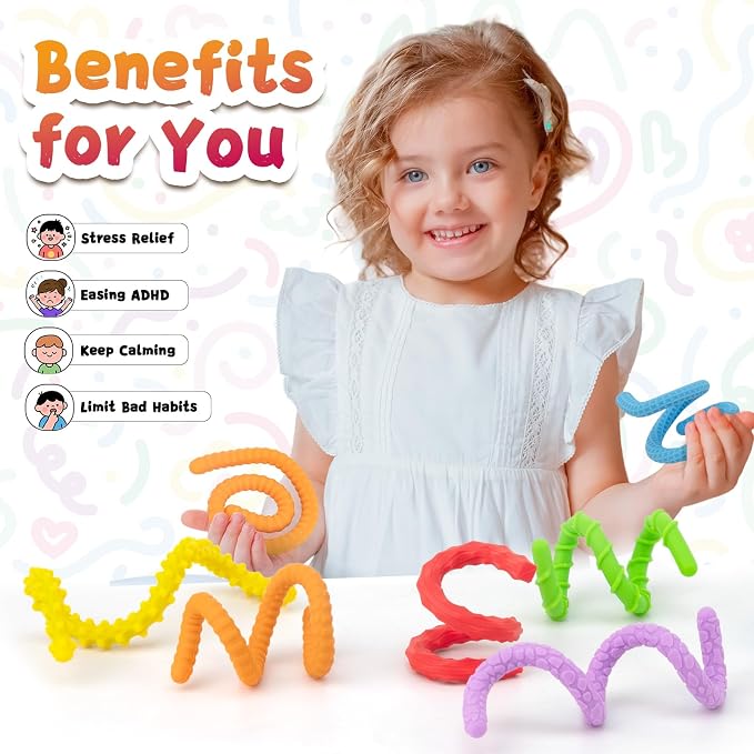 Fidget Toys for Kids 3+, Textured Silicone Sensory Sticks, 6 Pack | Sensory Toys for Anxiety Relief, Autism Toys for Toddlers with Autism, Travel Toys for Kids 3+ & Adults