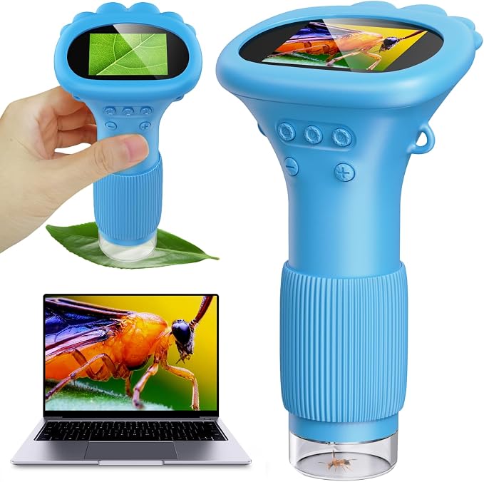 Kids Microscope, Pocket Portable Microscope for Kids with 2'' Inch Screen - Powerful Handheld Microscopes Bug Microscope with Light, 2026 Best Easter Birthday Gifts for Age 3-12 Boys - Blue | handheld bugs magnifier, record photos & videos, rechargeabl...
