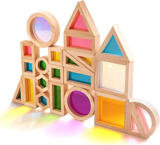 Agirlgle Wooden Rainbow Building Blocks for Kids 32 Pcs Rainbow Stacker Stacking Blocks Game Colorful Construction Toys Preschool Learning Educational Toys -Geometry Wooden Blocks for Boys & Girls