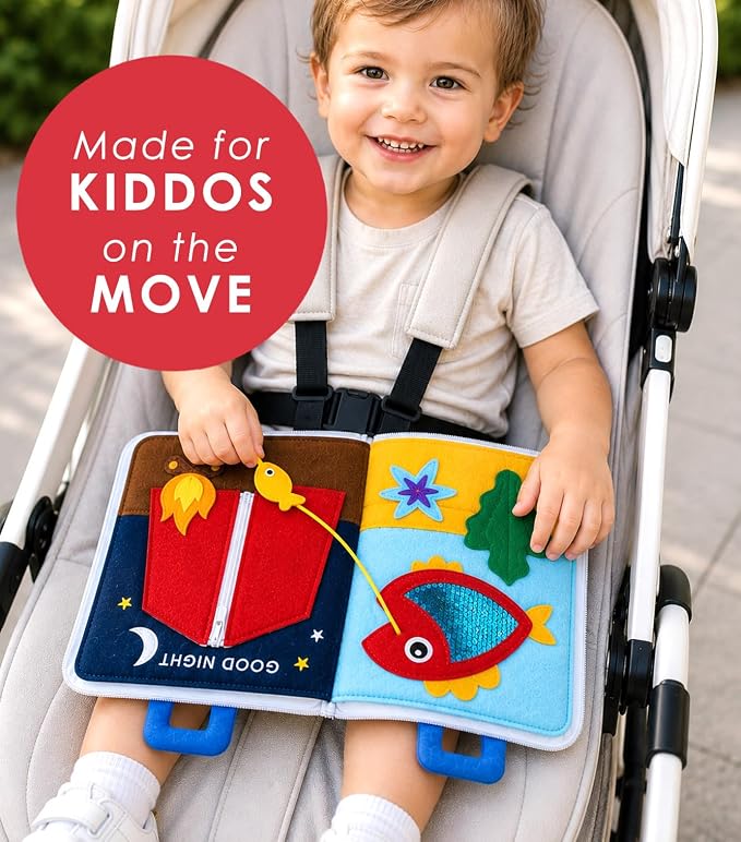 Curious Columbus Away We Go Busy Book, Fabric Travel Activity Quiet Book | 10 Colorful Vacation-Themed Pages, Motor Skill Activities, Sewn-In and Removable Pieces, 3D Pop-Ups, Airplane Travel Toy