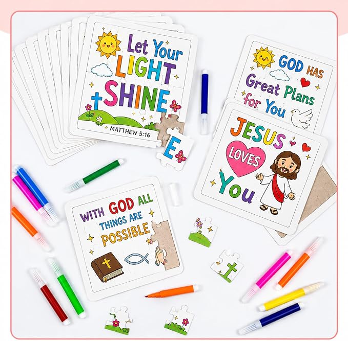 Cinrobiye 24 Pcs Christian Coloring Jigsaw Puzzle Crafts Bulk DIY Religious Inspirational Bible Activities Jesus Loves You Faith Art Projects for VBS Sunday School Church Party Favors