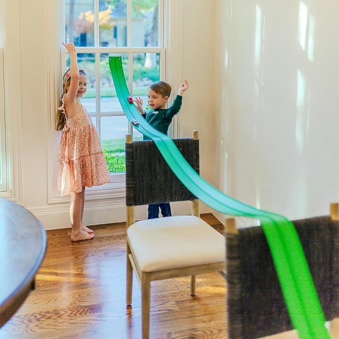 Valchemist FlexTrack 5000 Flexible Race Car Track for Kids Toy with Suction Cups Compatible with Hot Wheels and Diecast 1/64th Cars and More 15 Feet Long Rolls Up Portable Racetrack (Electric Green)
