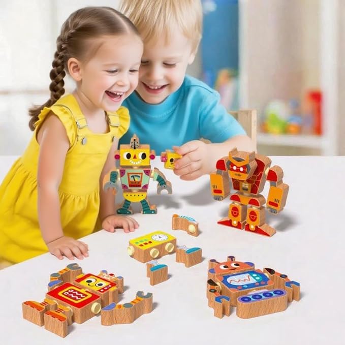 Wooden Snap-Together Building Toys: STEM Building Blocks, Robot Take Apart Playset, Fine Motor Skill Montessori Snap Bots for Kids, Creative Boys & Girls Birthday Back to School Xmas Gift