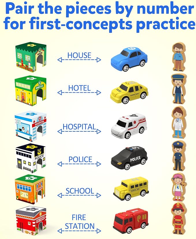 Coogam Montessori Sorting & Stacking Blocks with Nesting Garages Cars | Stackable Number Boxes for Toddlers Learning Community Helpers, Preschool Educational Toy Gift for 2 3 4 Year Old Baby