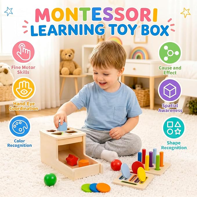 Montessori Toys for 1 Year Old, 4 in 1 Object Permanence Toys for Babies | Ball Drop Coin Box, Fine Motor Skills Color & Shape Sorting Toys for Toddlers, Sensory Toys for 6 12 18 Months Old