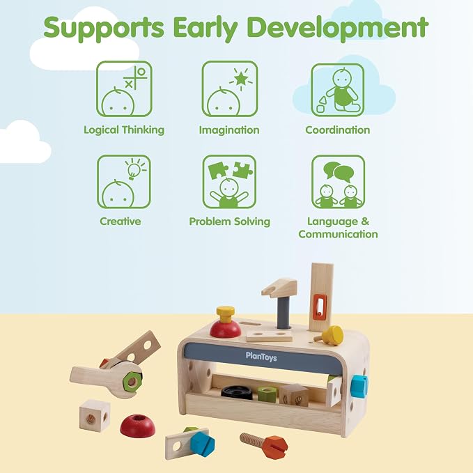 PlanToys® Wooden Little Tool Bench Montessori Construction Kids STEM Toy | hammer, wrench, screwdriver, kids tool set, girls, boys, fine motor problem solving imaginative role play gift preschool