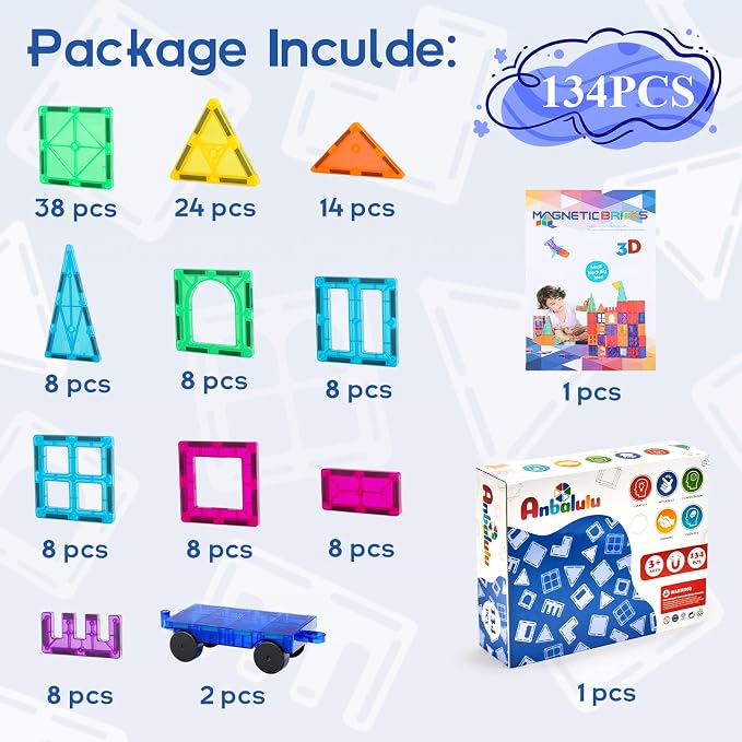 Anbalulu 134PCS Magnetic Building Tiles, Gift for Boys and Girls Ages 3+ | Durable STEM Toys with Strong Magnets for Kids, Educational Building Blocks for Group Play Activities