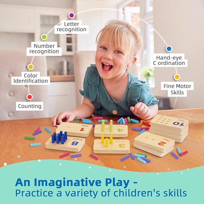 TOOKYLAND Peg Board Toddler Toys, Counting Wooden Toys with 55 Pegs | Wooden Math Manipulatives, Montessori Math and Numbers for Kids & Kindergarten Learning Activities
