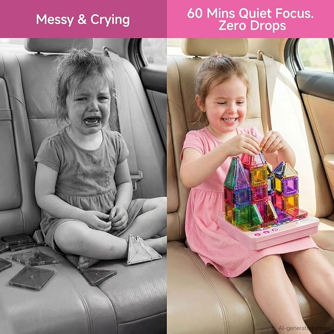Mini Magnetic Tiles for Girls Travel in Tin Box to Stop Crying | 60 PCS Pink Magnet Building Blocks - 60 Mins Quiet Play 30s Cleanup Toy - Car Airplane Essentials Ages 3-8