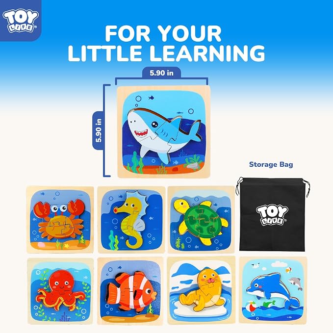 TOY Life Wooden Puzzles for Toddlers 2-4, Sea Animals Puzzles for Toddlers 1-3, Wood Puzzles Educational Montessori Toys Gifts for 1 2 3 Year Old, Baby Kids Learning Toy