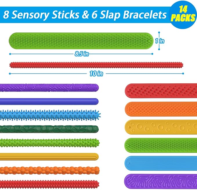 14Pack Fidget Toys Bulk , Stimmy Sticks & Sensory Slap Bracelets for Kids, Sensory Toys for Stress Anxiety Autistic ADHD, Quiet Fidgets for Classroom Prize for Kids 8-12, Calm Down Corner Supplies