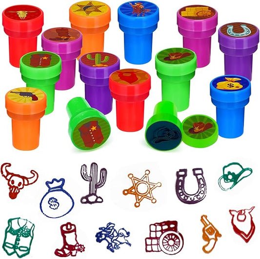 Cinrobiye 24 Pcs Western Cowboy Stampers Party Favor Set, Cute Cowboy Rodeo Stamps for Kids Birthday Party, Classroom Rewards, Carnival Prizes, Goody Bag Fillers, Western Themed Party Supplies