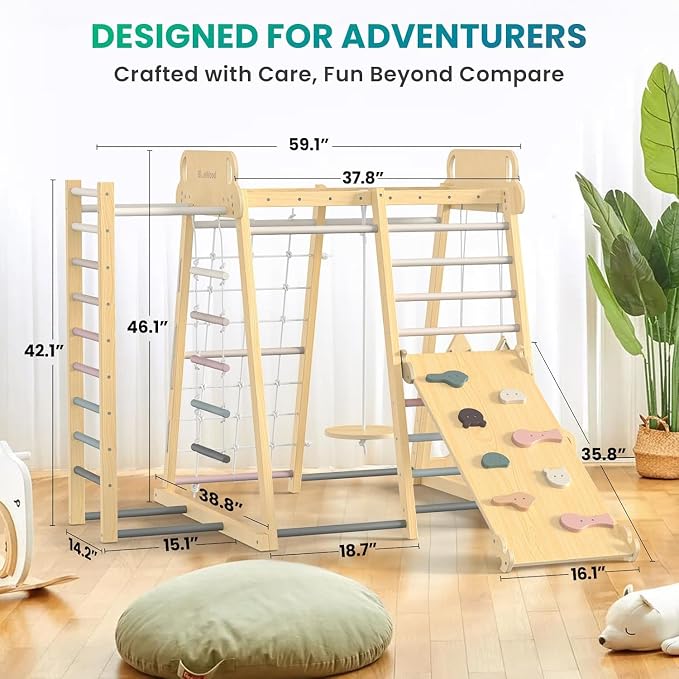 Upgraded Indoor Jungle Gym 9-in-1 Playground Kids Climbing Toys | Waldorf Style Wooden Climber Playset with Slide, Swing, Monkey Bars, Upright/Rope Ladder, Climb Net, Pink