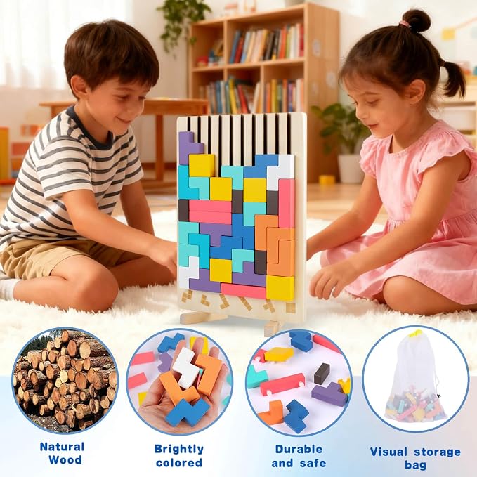 Wooden Colored 3D Russian Block Stacking Puzzle, Montessori Educational Toy Gifts for Toddlers Ages 3+ Fun Brain Teasers Family Board Game and Classroom Activities