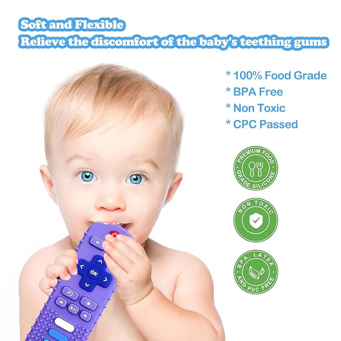 ROBBEAR Baby Teething Toys, Food Grade Silicone Teether for Babies 3 6 12 18 Months, TV Remote Shape Toddlers Chew Toys, Freezer BPA Free (Purple+Khaki)