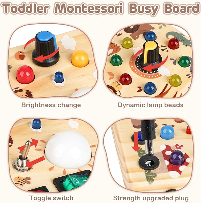 LED Busy Board for Toddlers 1-3,Montessori Toy with Key Switch, Light Up Wood Activity Sensory Board for Fine Motor Skills, Educational Travel Toy Gift for 1 2 3 Year Old Boys Girl